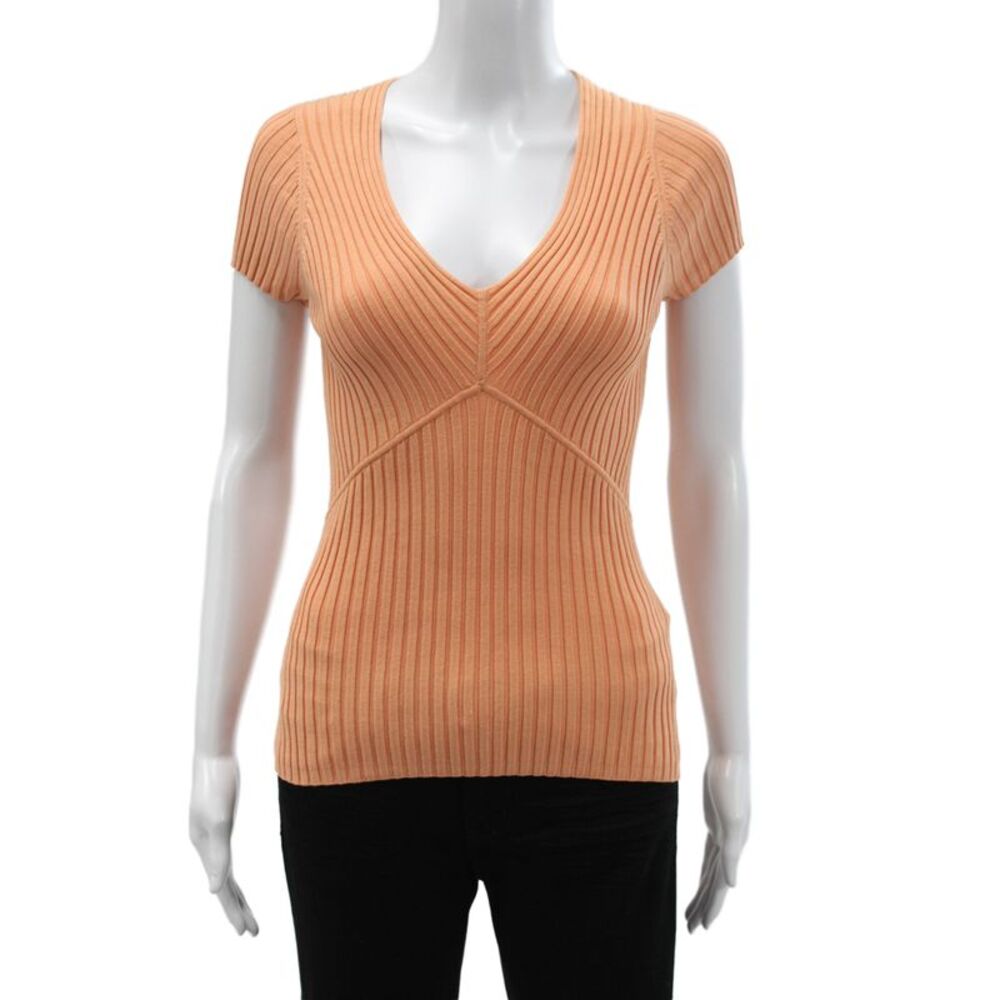 August Silk Women Pullover V-Neck Short Sleeve Orange Solid Size S